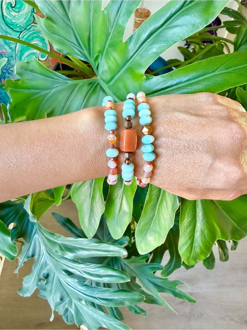 Handmade Orange Aventurine, Hematite, Aquamarine & Agate Stretchy Bracelet (one)